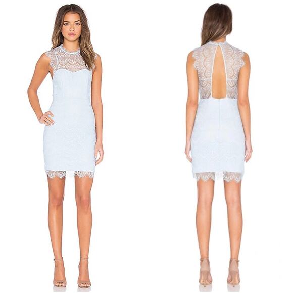 NWT Bardot Braxton Lace Mini Dress in Baby Blue Bodycon Cutout Mock Neck Dress - Picture 1 of 14
